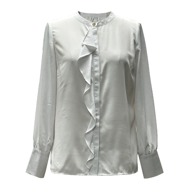 Ruffle Detail White Shirt | Women's Lightweight Round Neck Long Sleeve Blouse