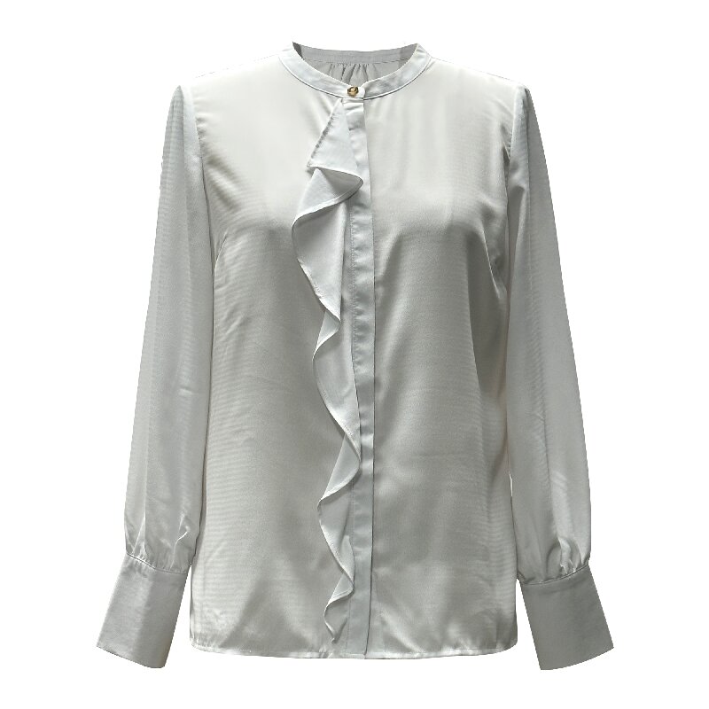 Ruffle Detail White Shirt | Women's Lightweight Round Neck Long Sleeve Blouse