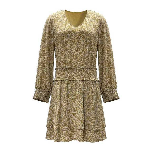 Printed V-Neck Dress | Women's Long Sleeve Waist-Fitting Midi Dress