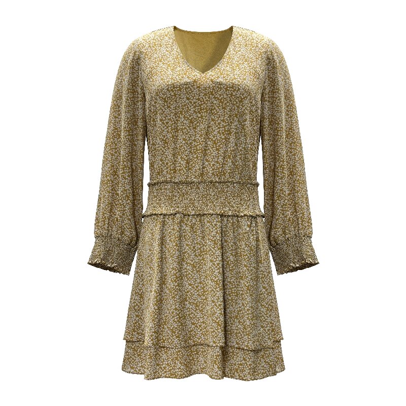 Printed V-Neck Dress | Women's Long Sleeve Waist-Fitting Midi Dress