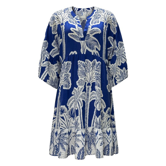 Blue Boho Print Dress | Women's Summer Short Sleeve Vacation Dress