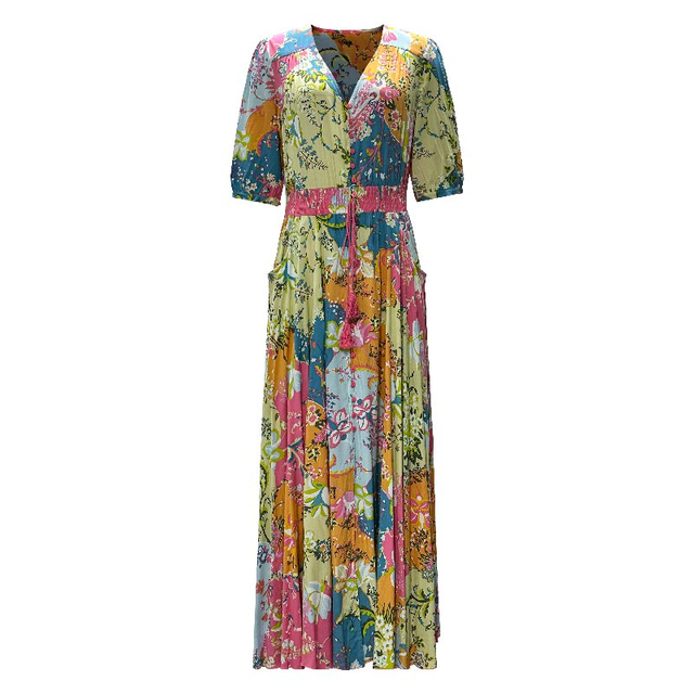 Boho Resort Maxi Dress - V-Neck Short Sleeve Waist Defining Printed Beach Dress