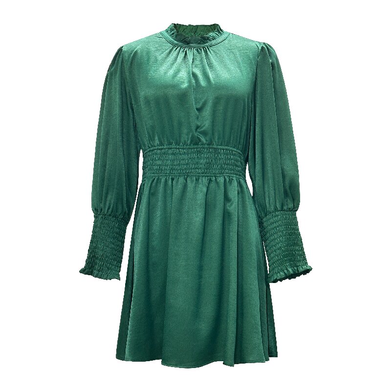 Back Detail Waist-Cinching Dress | Women's Elegant High-End Long Sleeve Green Dress