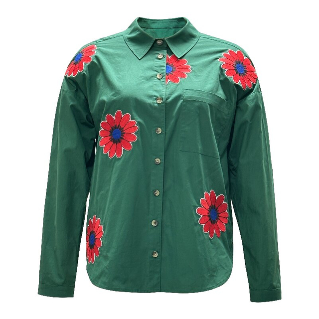Red Floral Green Shirt | Women's Long Sleeve Cotton Casual Office Blouse