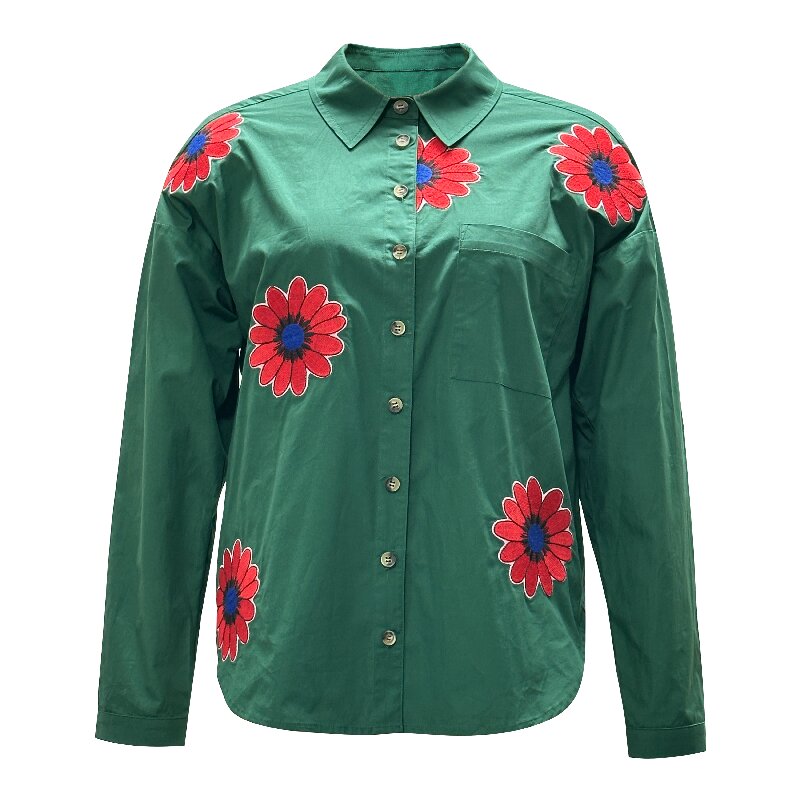 Red Floral Green Shirt | Women's Long Sleeve Cotton Casual Office Blouse