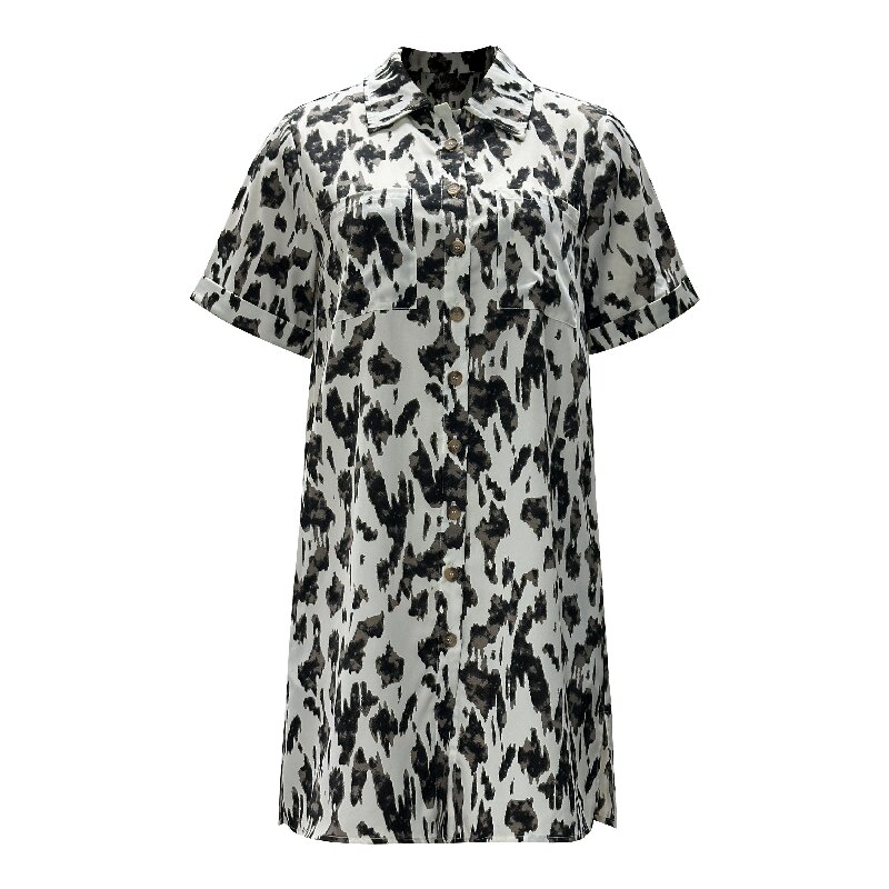 Black and White Cow Print Shirt Dress | Women's Short Sleeve Chic Casual Dress