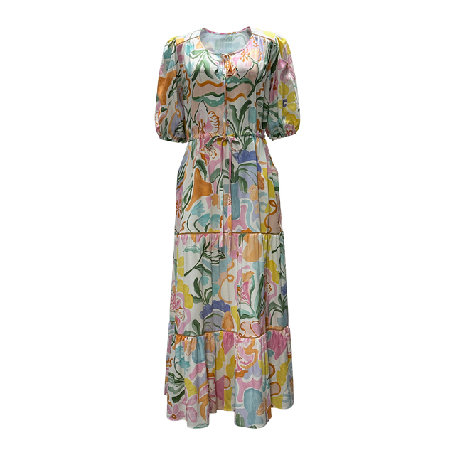 Women Summer Resort Boho Lantern Sleeves Round Neck Maxi Dress 