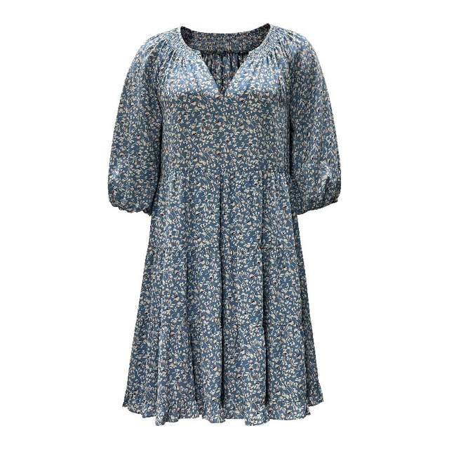 Lantern Short Sleeve V-neck Printed Dress | Women's Summer Daily Casual Short Sleeve Dress with Lining