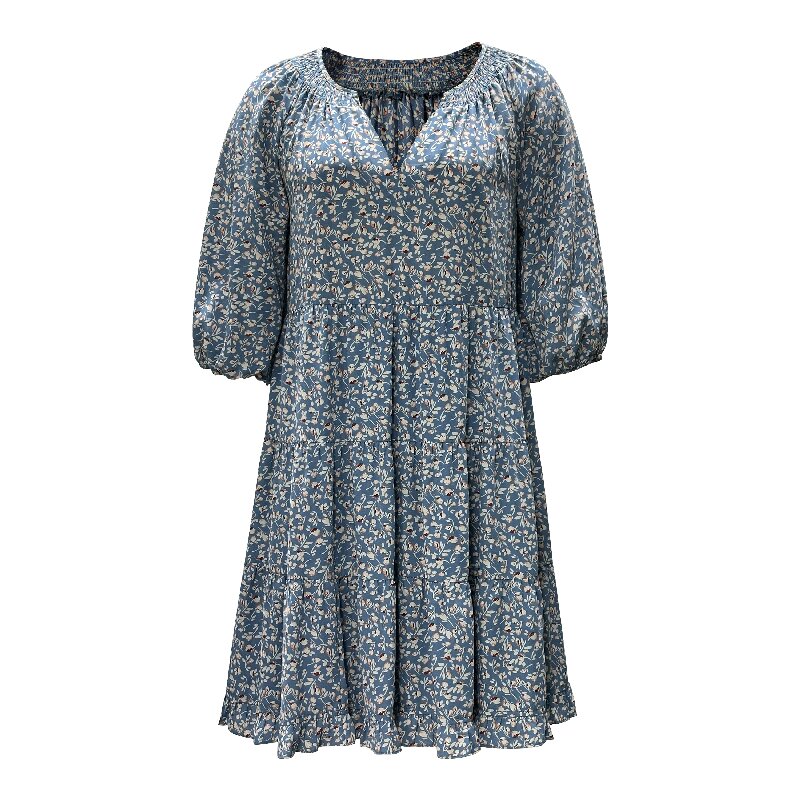 Lantern Short Sleeve V-neck Printed Dress | Women's Summer Daily Casual Short Sleeve Dress with Lining