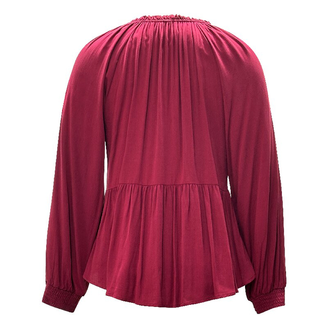 Rose Red V-Neck Blouse | Women's Long Sleeve Loose Elastic Casual Daily Top
