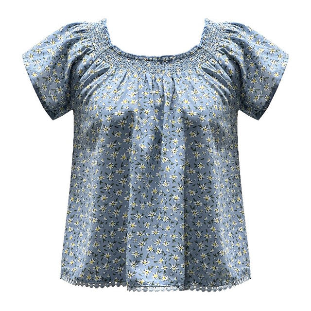 Printed Blue Short Top | Women's Short Sleeve Summer Vacation Casual Daily Top
