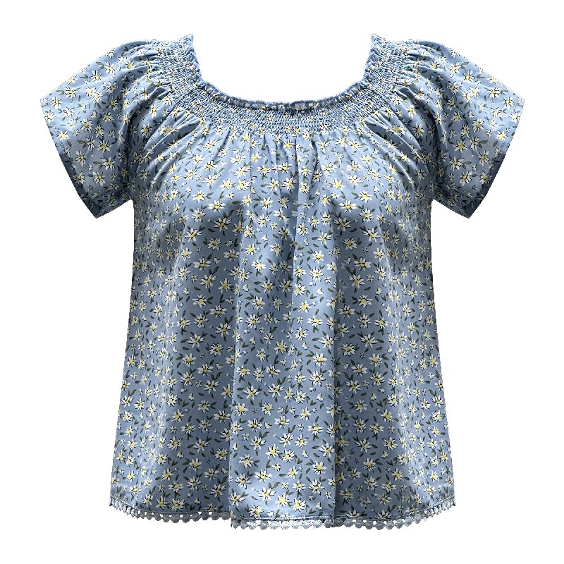 Printed Blue Short Top | Women's Short Sleeve Summer Vacation Casual Daily Top