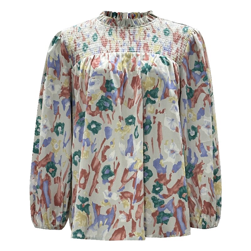 Elastic Loose Boho Blouse | Women's Printed Round Neck Long Sleeve Casual Top