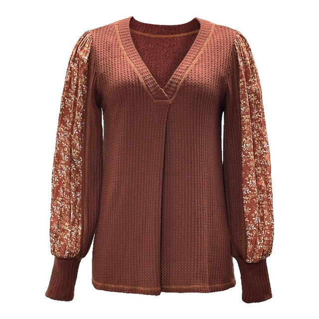 Printed Sleeve Solid Top | Women's V-Neck Long Sleeve Chic Casual Shirt