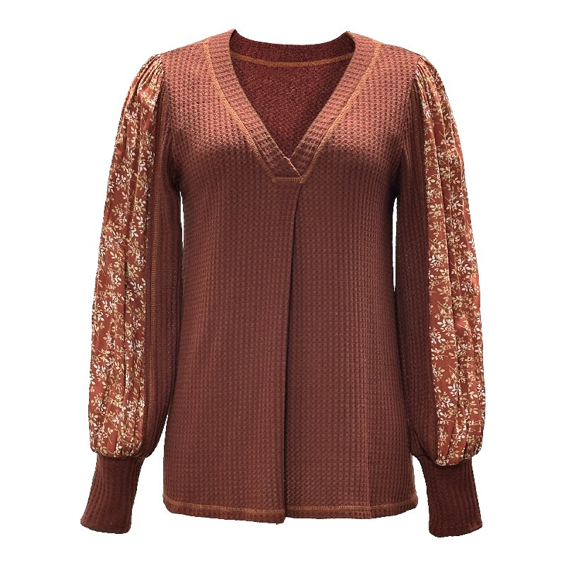 Printed Sleeve Solid Top | Women's V-Neck Long Sleeve Chic Casual Shirt