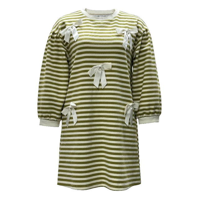 Spring Summer Green and White Striped Dress | Women's Round Neck Long Sleeve Loose Casual Dress