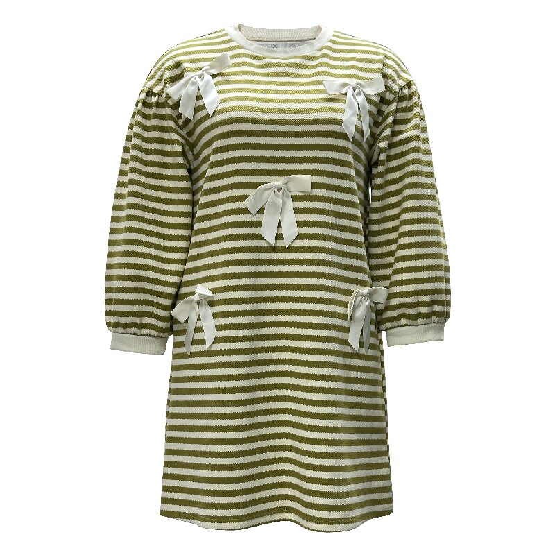 Spring Summer Green and White Striped Dress | Women's Round Neck Long Sleeve Loose Casual Dress