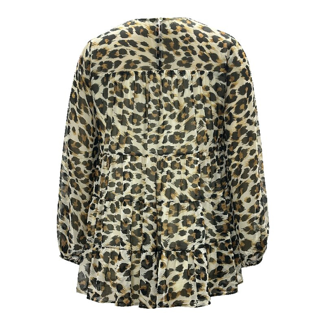 Casual Leopard Shirt - Round Neck Lantern Long Sleeve Women's Blouse