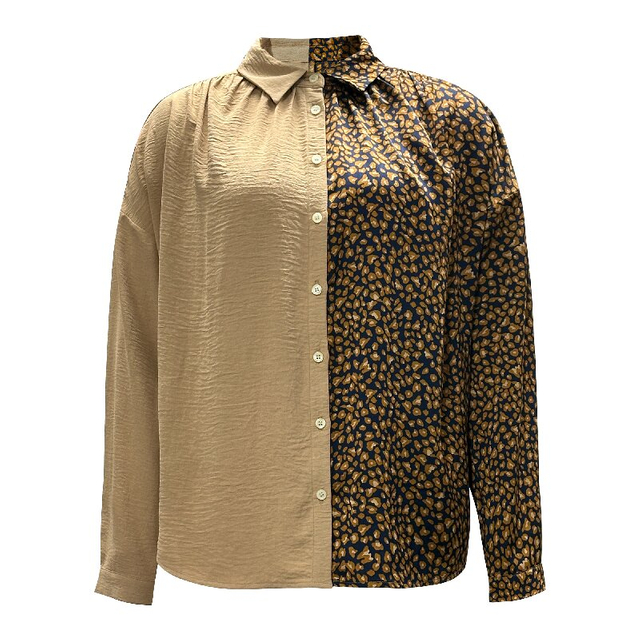 Patchwork Button Down Shirt - Solid & Leopard Print Long Sleeve Chic Top