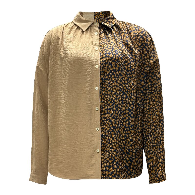 Patchwork Button Down Shirt - Solid & Leopard Print Long Sleeve Chic Top