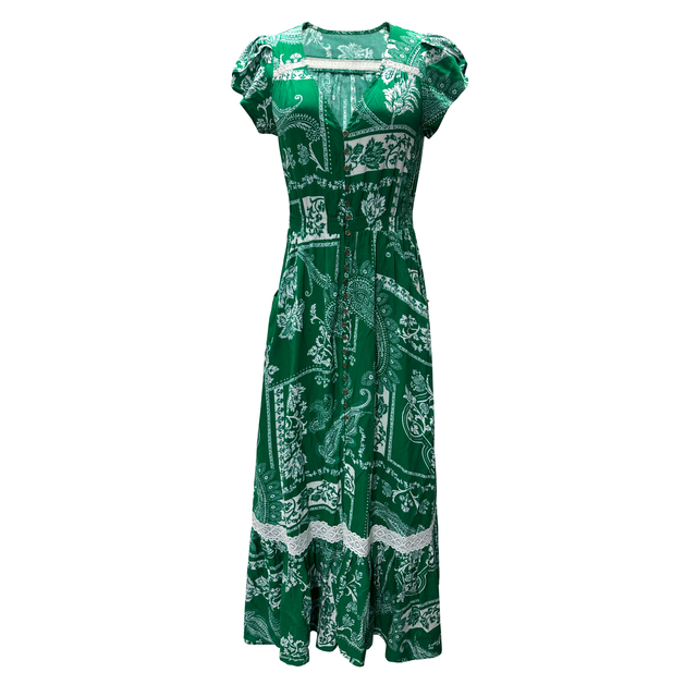 Summer Printing Green Short Sleeve Waist-cinching Buttons Maxi Dress for Women