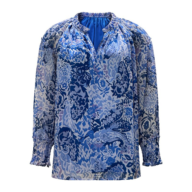 Blue Printed Blouse | Women's Round Neck Long Sleeve Office Top