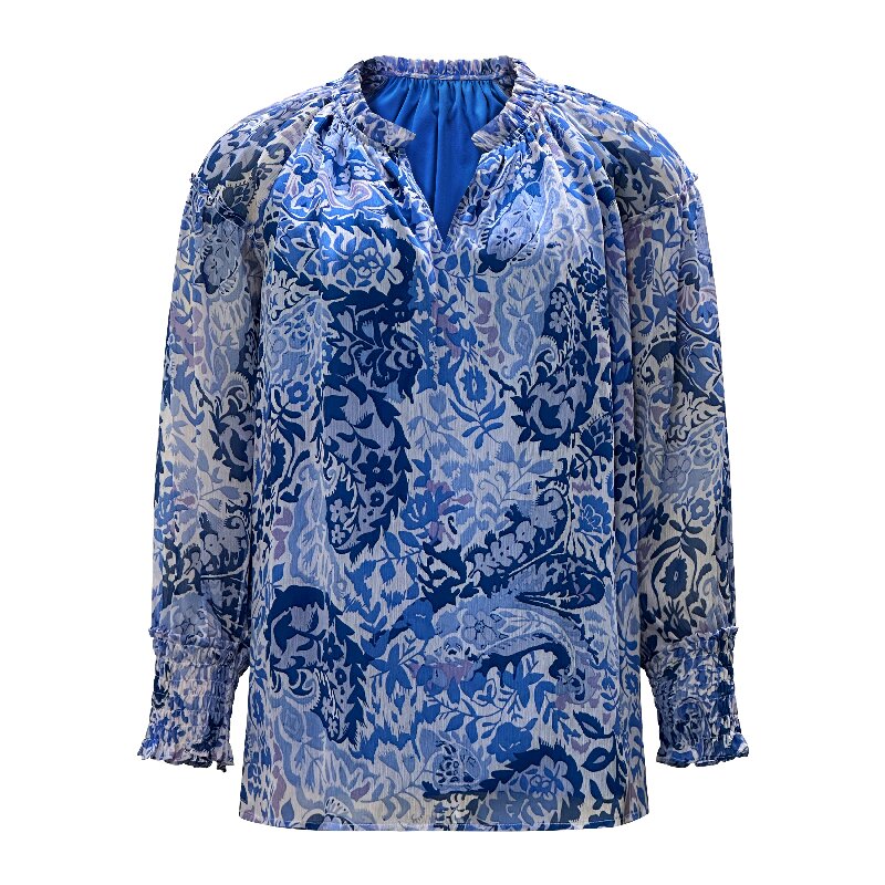 Blue Printed Blouse | Women's Round Neck Long Sleeve Office Top